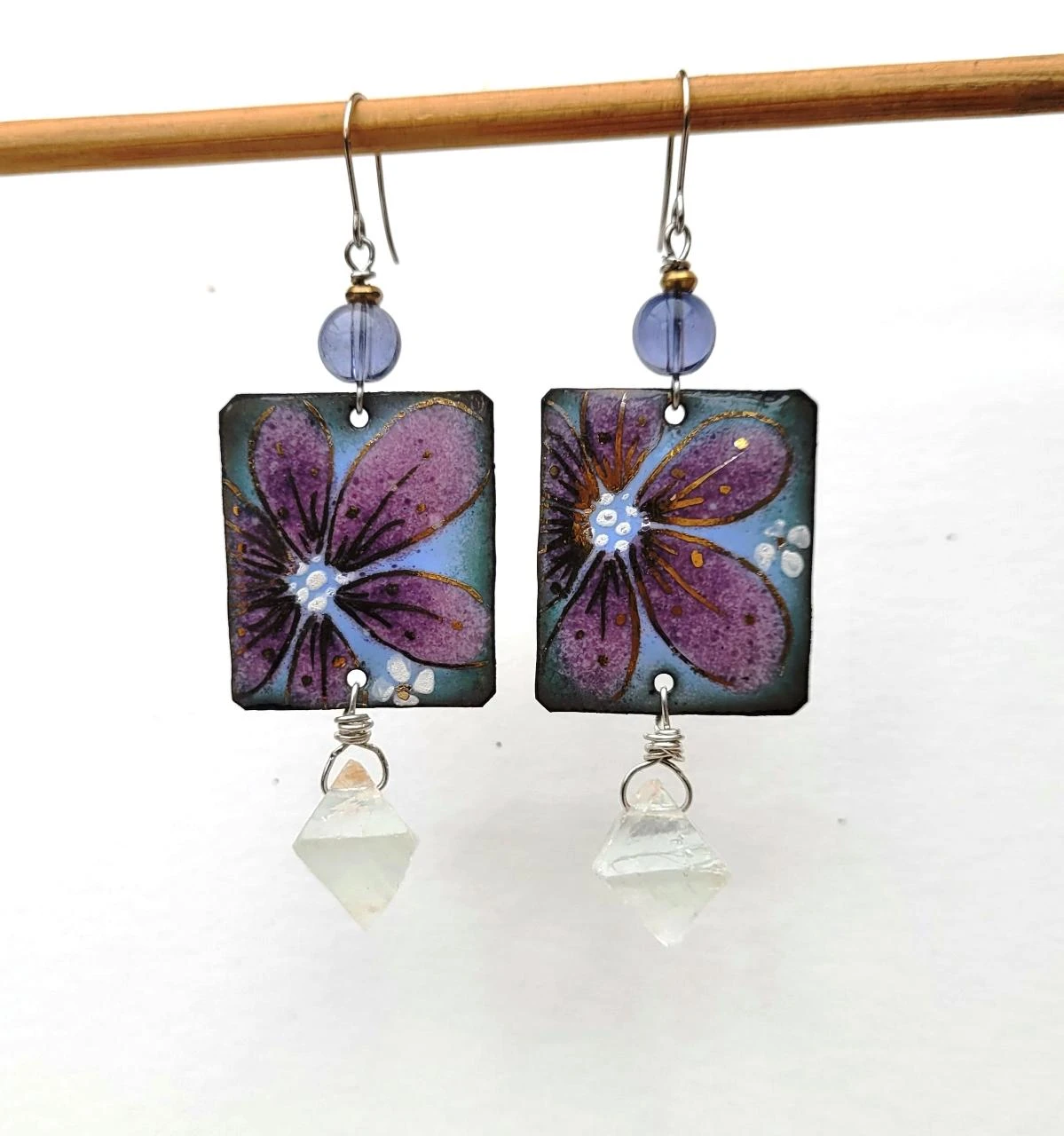 Natural earrings with handmade enamel flower charm, fluorite octahedron – photo 5